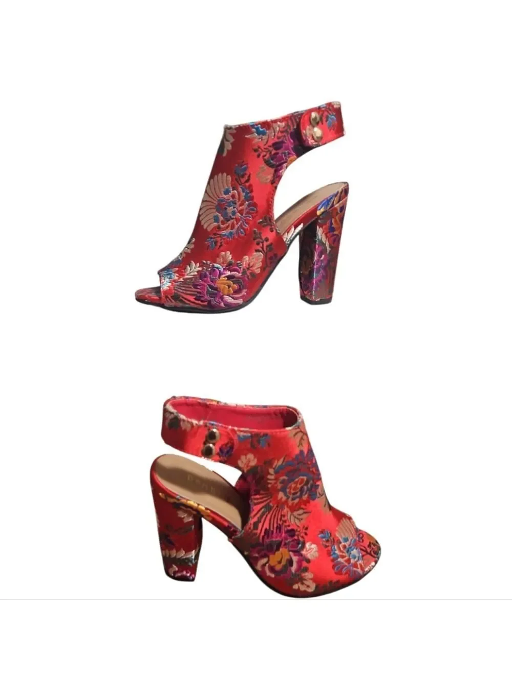 Bamboo Red Floral High Heels with Ankle Strap 5.5 Embroidered Colorful Handmade